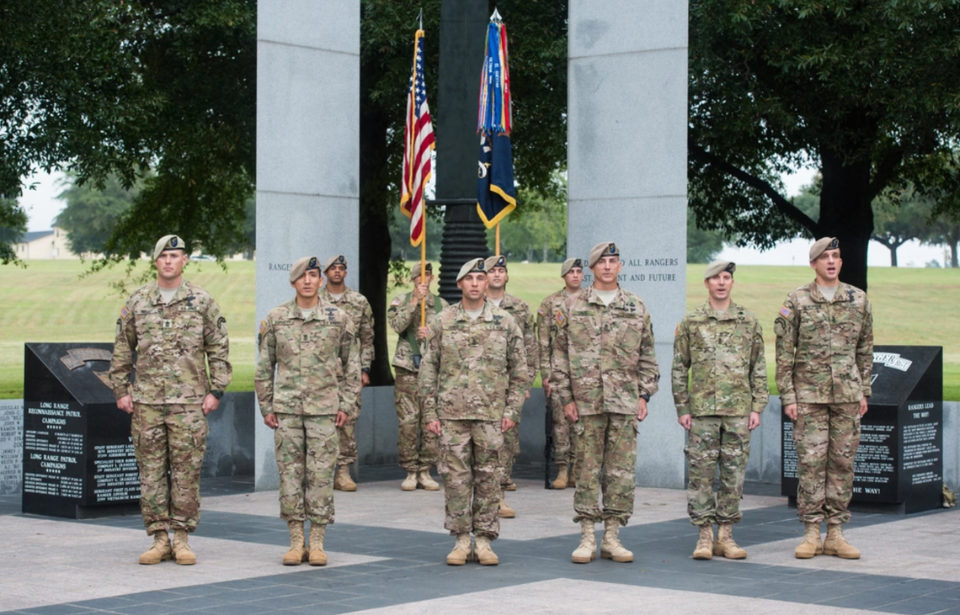 75th Ranger Regiment personnel standing in front of the National Ranger Memorial
