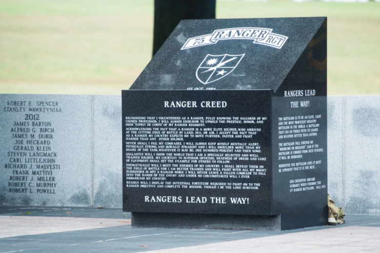 Ranger Creed etched into a black granite block