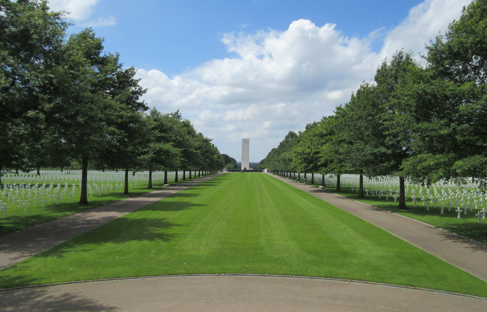 Line of trees leading to the tower at Margraten American Cemetery