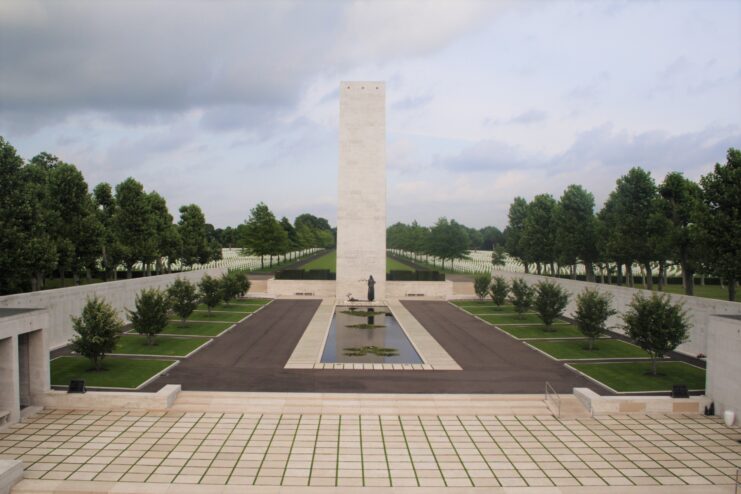Reflection pool and tower at Margraten American Cemetery