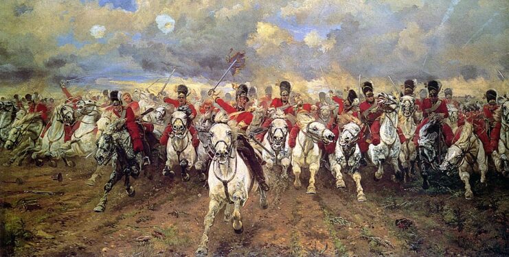 Painting of the Royal Scots Greys charging forward on horseback