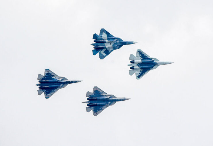 Four Sukhoi Su-57s in flight