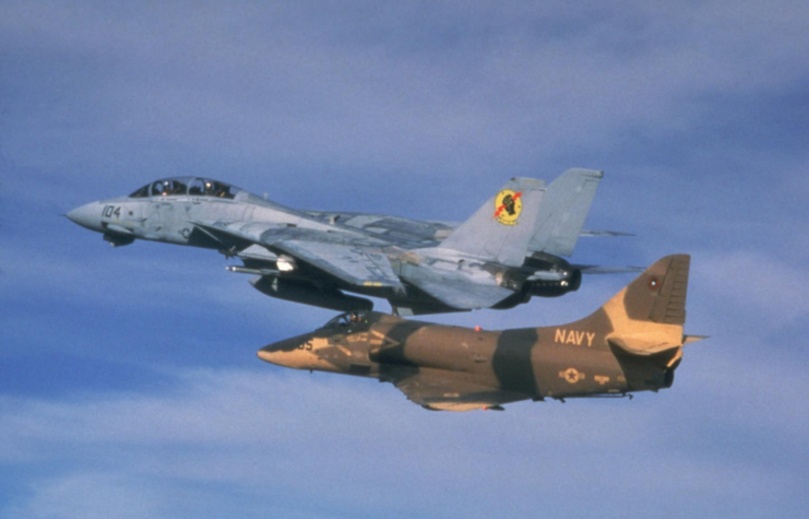 Grumman F-14 Tomcat and Douglas A-4 Skyhawk in-flight