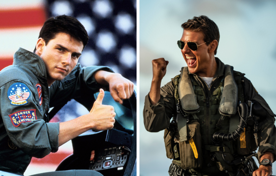 Tom Cruise as Lt. Pete "Maverick" Mitchell in 'Top Gun' + Tom Cruise as Capt. Pete "Maverick" Mitchell in 'Top Gun: Maverick'