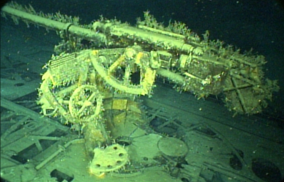 U-166's deck gun covered in algae on the ocean floor