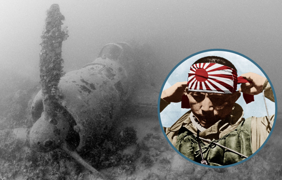 Aircraft at the bottom of the seafloor + Japanese kamikaze pilot tying a bandana around his head