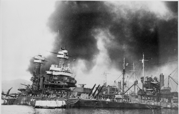 USS California (BB-44) shrouded in smoke