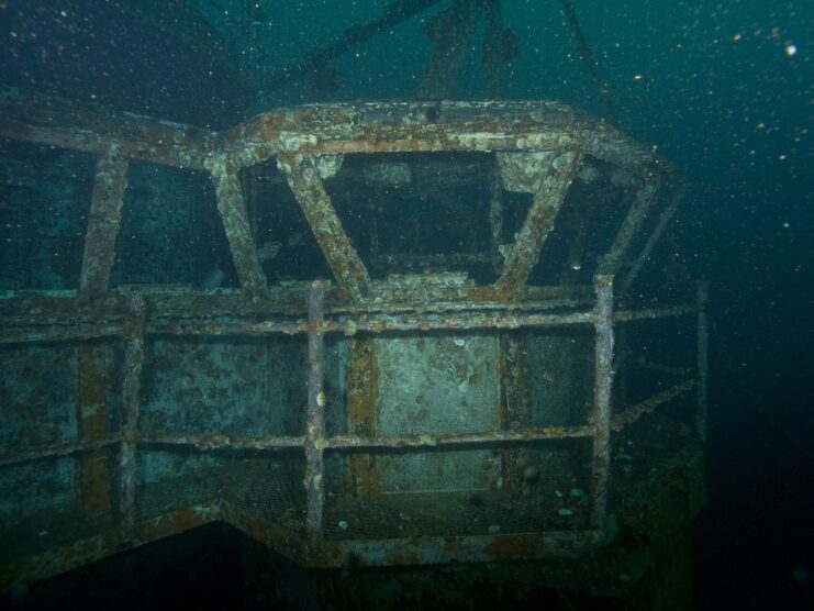 Rusty wreck of the USS Oriskany (CV/CVA-34) underwater