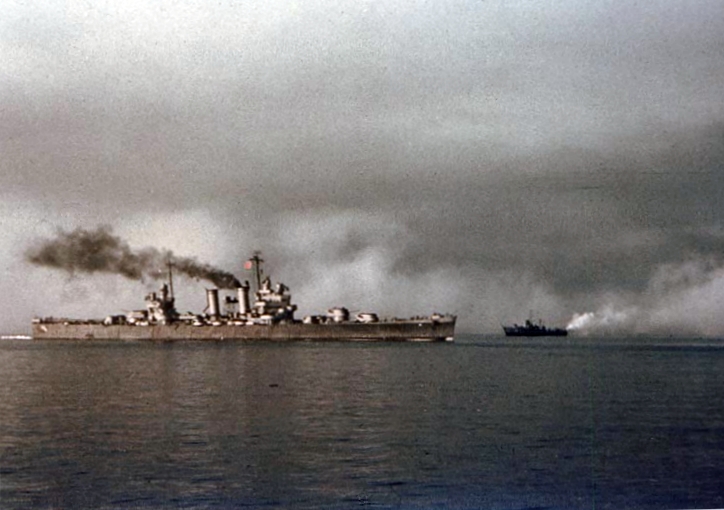 USS Philadelphia (CL-41) transiting near a motor minesweeper