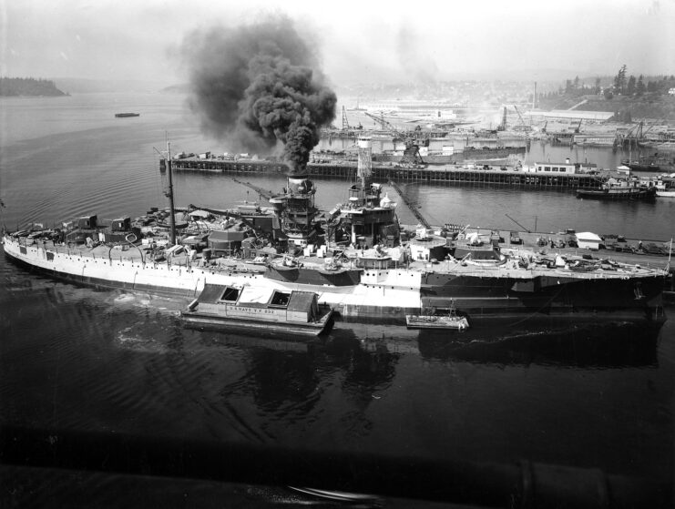 Aerial view of the USS Utah (AG-16) at port