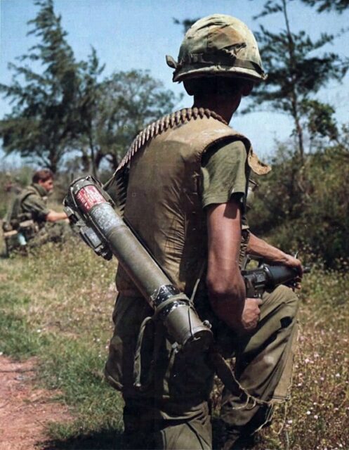 American cavalryman with an M72 LAW strapped to his back