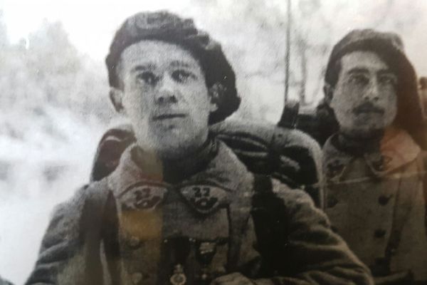 Albert Severin Roche walking with another French soldier outside