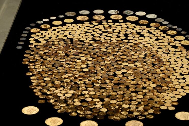 American Civil War-era gold coins laid out on a table