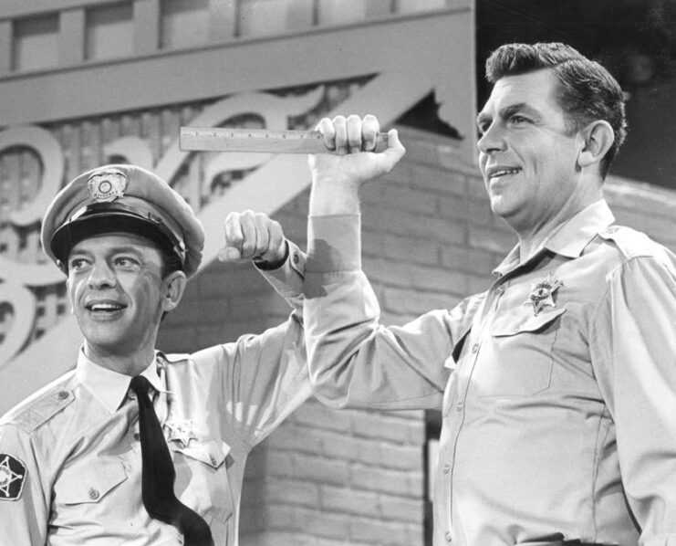 Don Knotts and Andy Griffith as Barney Fife and Andy Taylor in 'The Andy Griffith Show'