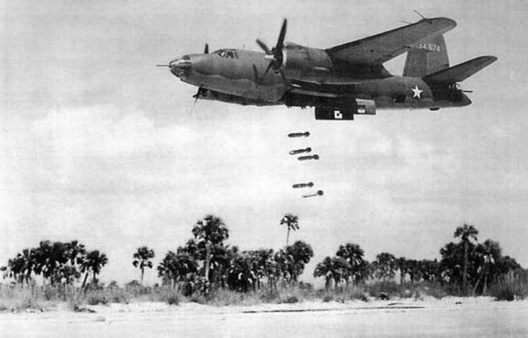Martin B-26 Marauder dropping bombs mid-flight