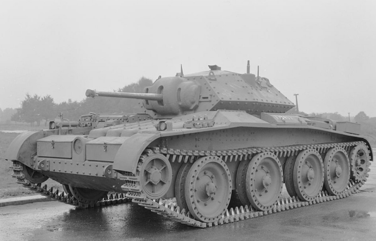 A13 Mk III Covenanter tank parked on rain-covered cement