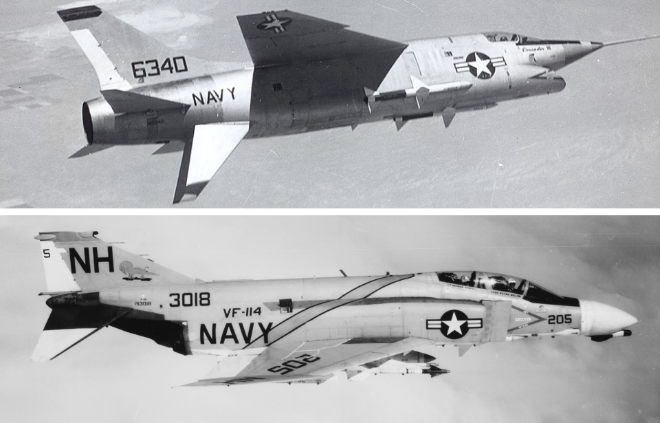 Vought XF8U-3 Crusader III in flight + McDonnell Douglas F-4 Phantom II in flight