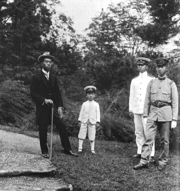Hirohito, Takahito, Nobuhito and Yasuhito standing together outside