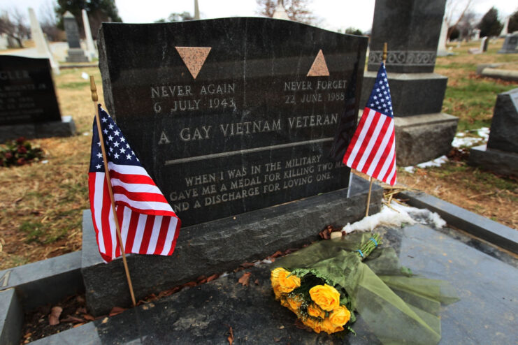 Two American flags placed on either side of Leonard Matlovich's grave