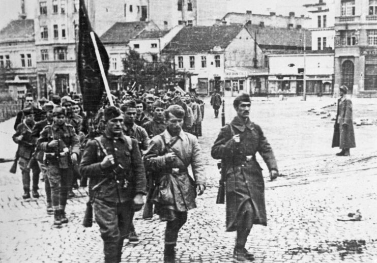 Yugoslav Partisans walking through the city center of Belgrade, Serbia