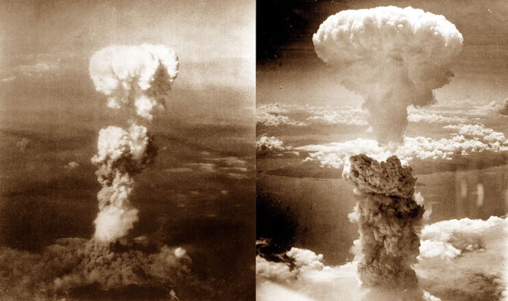 Side-by-side images of mushroom clouds rising over Hiroshima and Nagasaki
