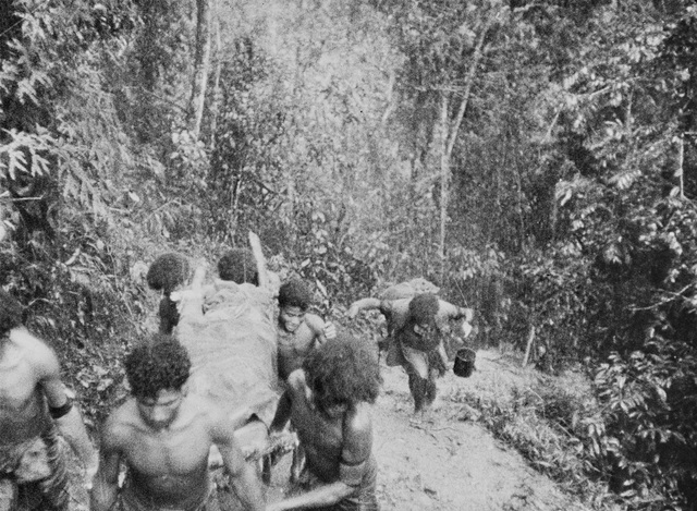 Fuzzy Wuzzy Angels carrying an injured Australian soldier on a stretcher along the Kokoda Trail