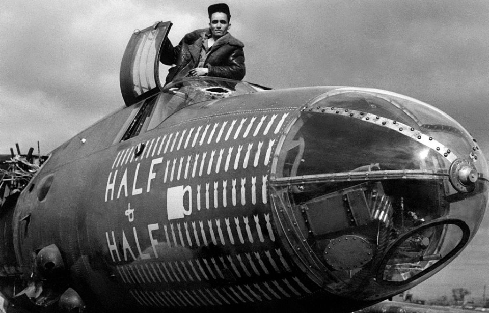 Pilot standing in the cockpit of the Martin B-26 Marauder 'Half & Half'