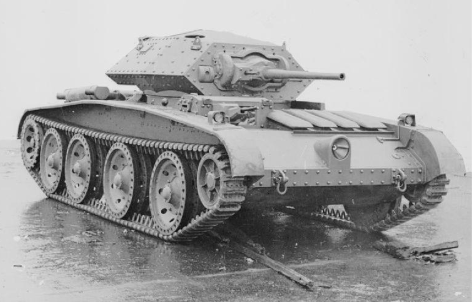 A13 Mk III Covenanter tank parked on rain-soaked cement