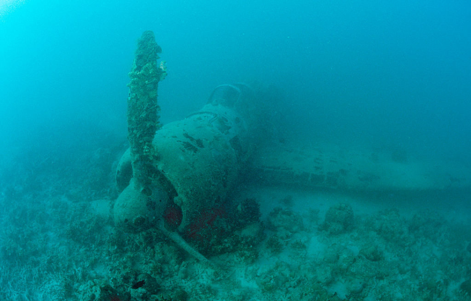 Wreck of a Nakajima B5N2 on the ocean floor