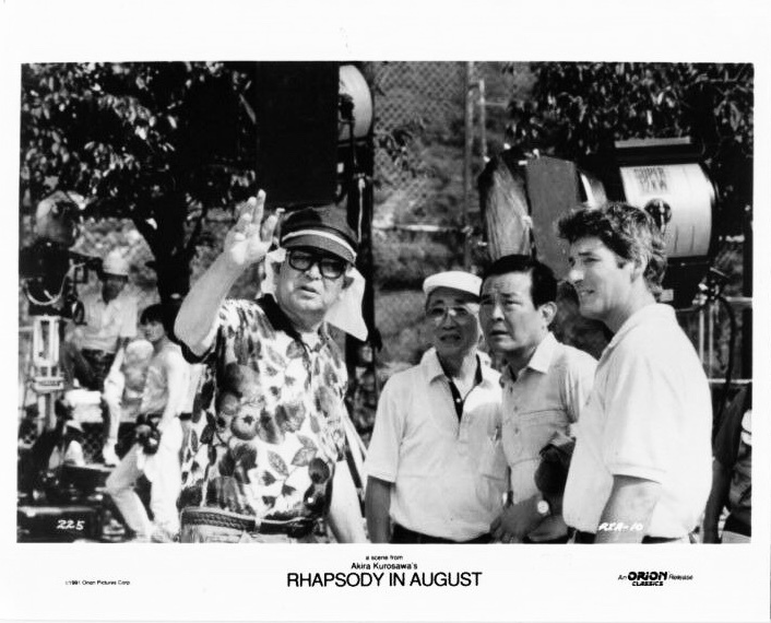 Akira Kurosawa speaking with Richard Gere and other actors on the set of 'Rhapsody in August'