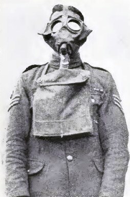British soldier wearing a small box respirator
