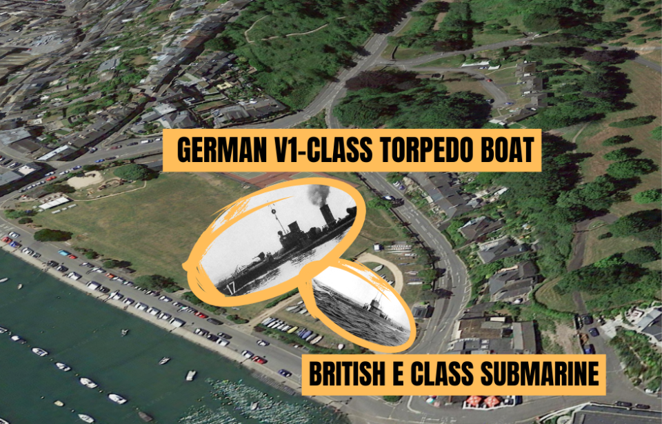 Aerial view of Coronation Park, Dartmouth + SMS S17 at sea + HMS E1 at sea