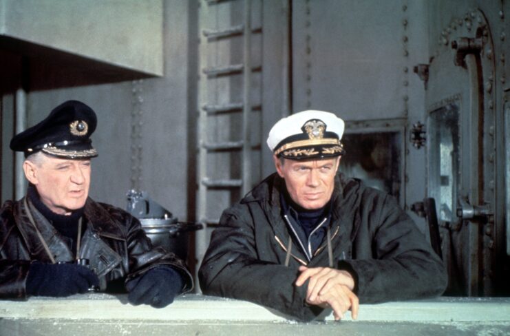 Eric Portman and Richard Widmark as Commodore Wolfgang Schrepke and Captain Eric Finlander in 'The Bedford Incident'
