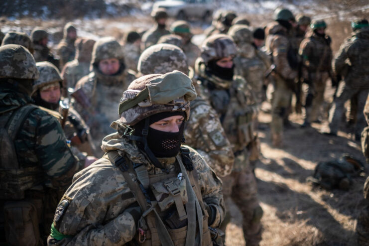 Ukrainian soldiers standing together in uniform