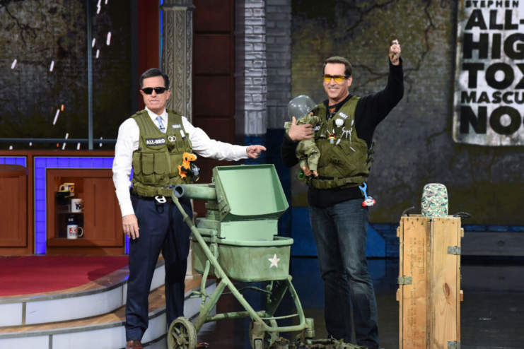 Rob Riggle standing with Stephen Colbert on the set of 'The Late Show with Stephen Colbert'