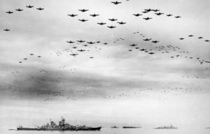 Aircraft flying over the USS Missouri (BB-63) and other Allied vessels