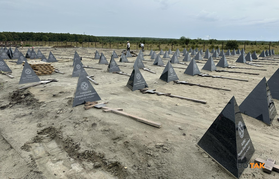 Rows of Surovikin's Pyramids in a Wagner PMC cemetery