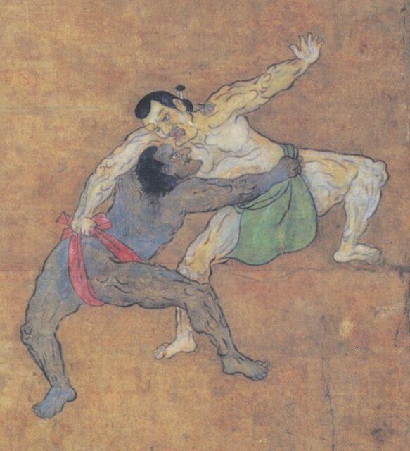 Illustration of two sumo wrestlers, one of whom is possibly Yasuke