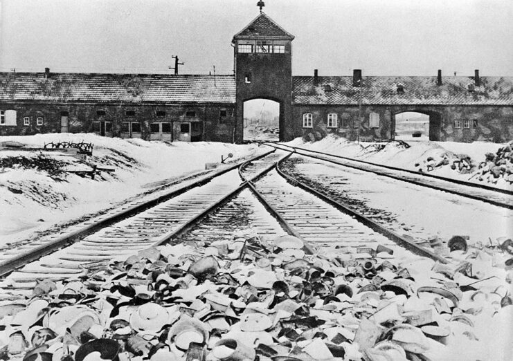 Snow-covered railway tracks leading to Auschwitz-Birkenau