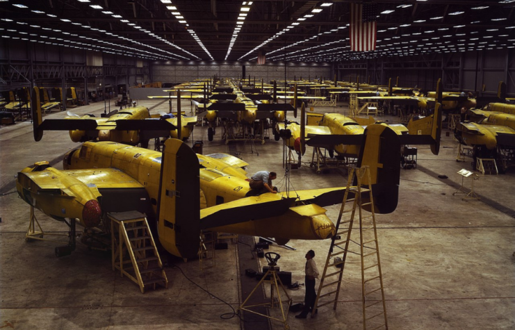 Factory workers assembling North American B-25 Mitchells