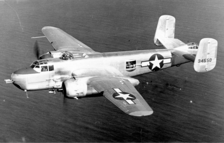 North American B-25H Mitchell flying over water