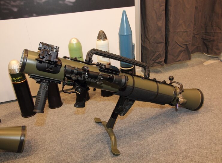 M4 Carl Gustaf infantry anti-tank weapon on display alongside various types of ammunition