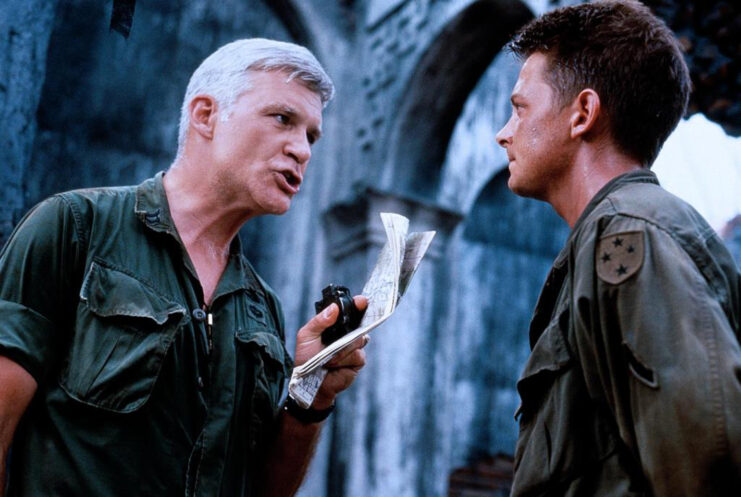 Dale Dye and Michael J. Fox as Capt. Hill and Pfc. Max Eriksson in 'Casualties of War'