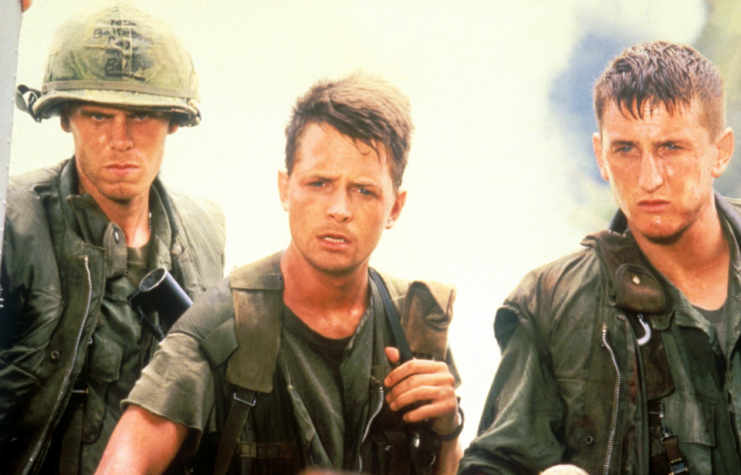 Don Harvey, Michael J. Fox and Sean Penn as Cpl. Thomas E. Clark, Pvt. Max Eriksson and Sgt. Tony Meserve in 'Casualties of War'