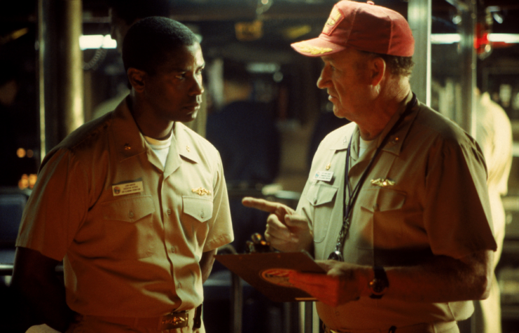 Denzel Washington and Gene Hackman as Lt. Cmdr. Ron Hunter, Executive Officer and Capt. Frank Ramsey, Commanding Officer in 'Crimson Tide'