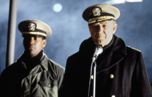 Denzel Washington and Gene Hackman as Lt. Cmdr. Ron Hunter, Executive Officer and Capt. Frank Ramsey, Commanding Officer in 'Crimson Tide'