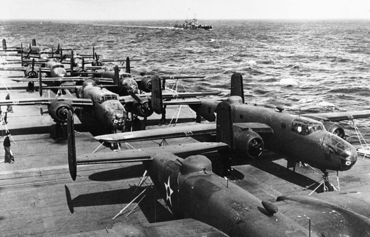 North American B-25 Mitchells on the flight deck of the USS Hornet (CV-8)