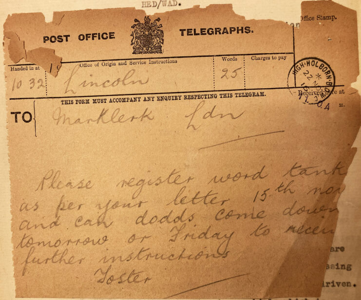 Telegram sent to Fosters of Lincoln