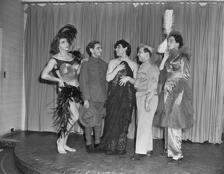 Eddie Barclift, Irving Berlin, Julie Oshen, Ezra Stone and Alan Marson standing together on stage