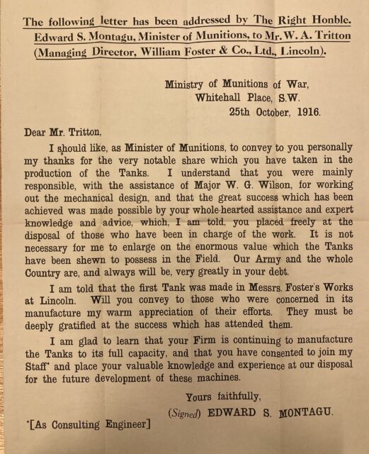 Letter from the Ministry of Munitions to Sir William Tritton